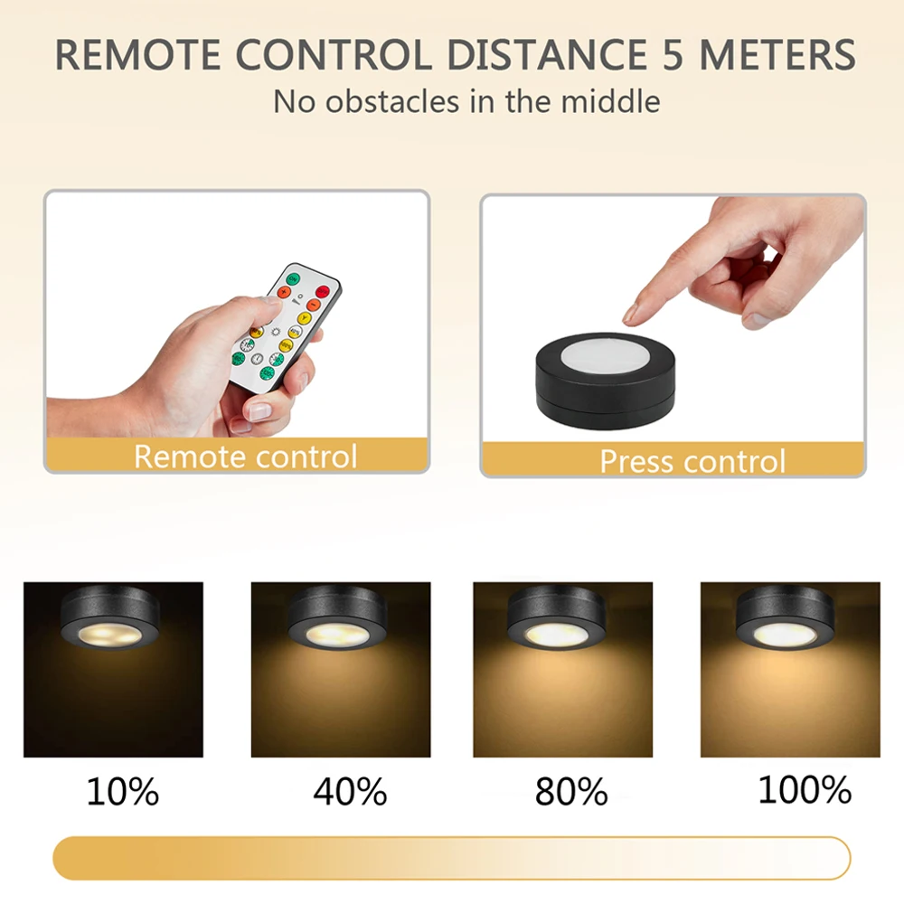 1-6 uds negro CCT redondo LED debajo del armario luz muebles regulable lámpara de armario blanco cálido 3000-6500K Control remoto