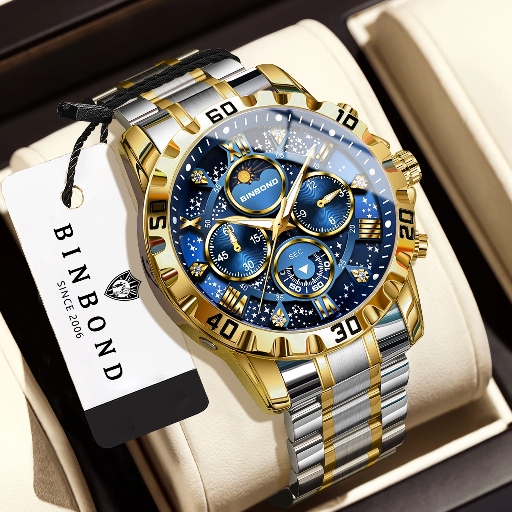 Relojes de cuarzo de la marca original BINBOND para hombre, reloj de lujo luminoso de acero inoxidable con cronógrafo, reloj para hombre elegante.