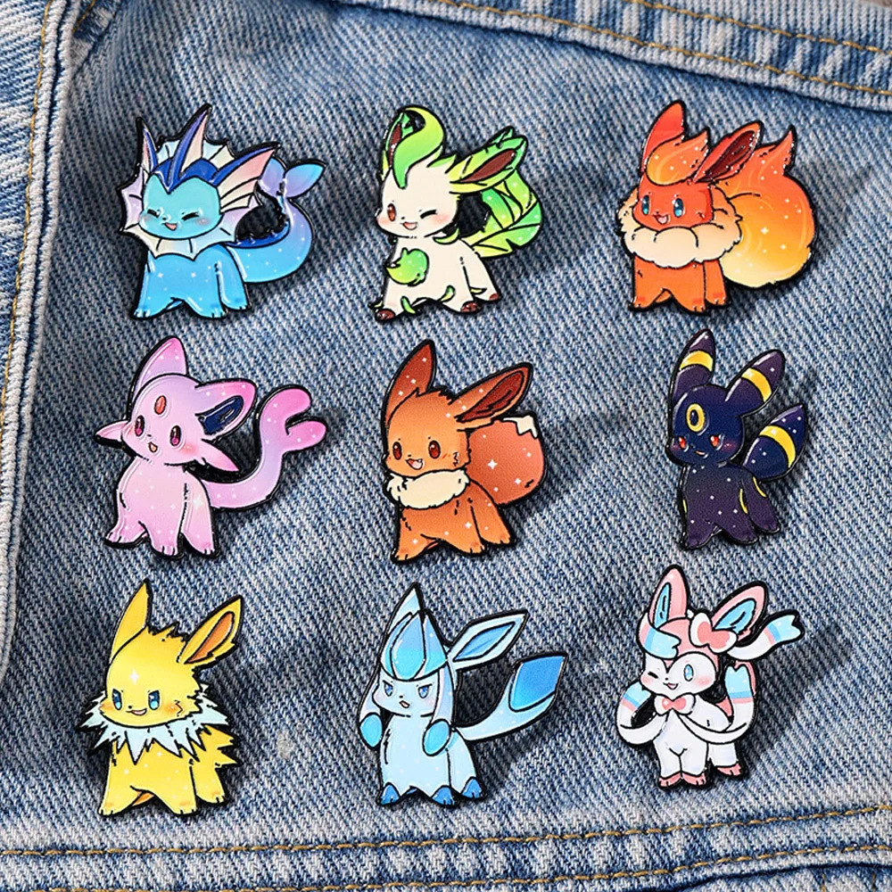 Set de 9 Broches Esmaltados de Anime Pokémon Eevee, Monstruos Élficos, Animales de Moda, Broches de Solapa para Mujer, Joyería de Regalo Festivo