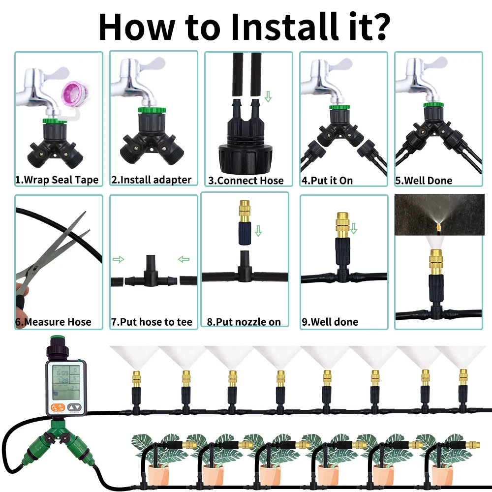 Sistema de refrigeración por nebulización para exteriores, boquillas atomizadoras de latón de 1/4 pulgadas, manguera de 4/7mm, para riego de jardín, Patio e invernadero, 15M-30M