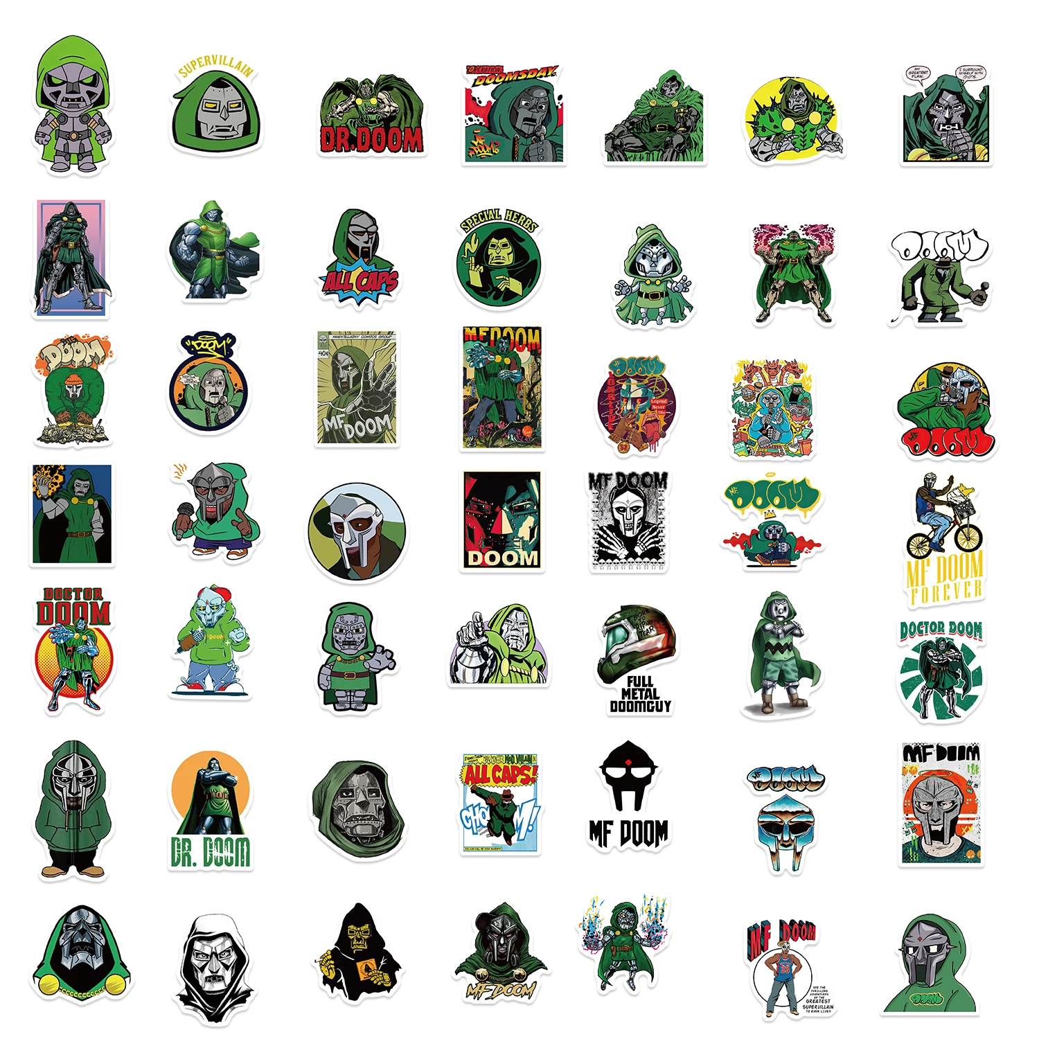 50 Uds rapero de Hip Hop Mf Doom pegatinas cantante Graffiti monopatín DIY teléfono equipaje portátil guitarra juguetes calcomanías pegatina para ventilador