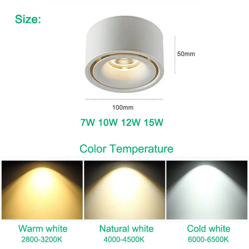 Luz LED regulable de montaje en superficie, foco COB, luz de techo, 7W, 10W, 12W, 15W, luz de montaje en superficie redonda, 110V, 220V