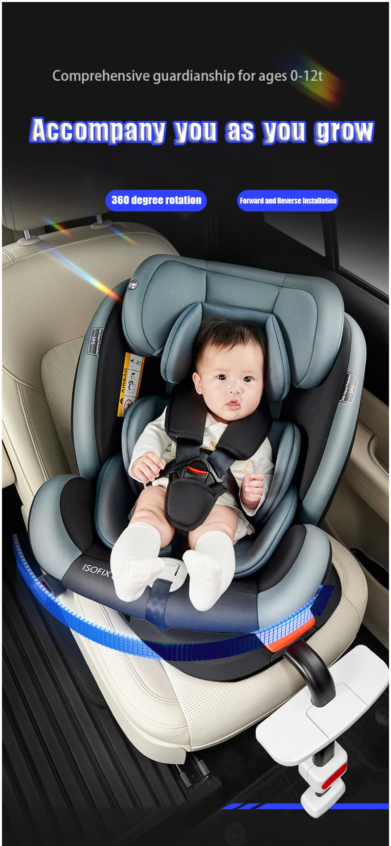 R129 I-Size 360 °   Asiento de coche giratorio para bebé, silla de seguridad ISOFIX para bebés y niños pequeños de 40-150 cm, orientación hacia atrás y hacia adelante, giro con una sola mano, reclinación ajustable, protección contra impactos laterales, inserto para recién nacidos, asiento de coche de viaje para niños