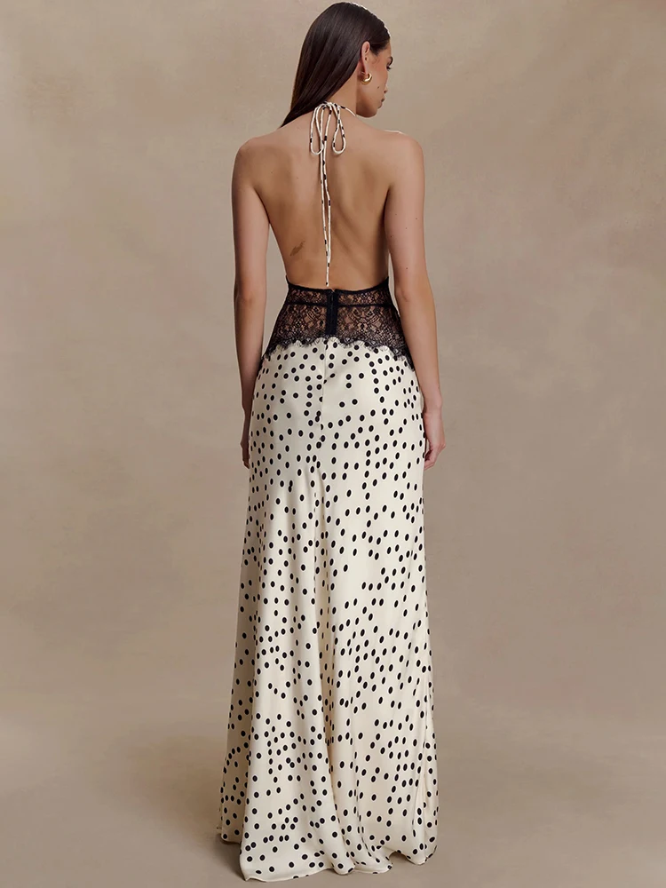 Mozision-Vestido largo Sexy con lunares y espalda descubierta para mujer, vestido elegante de encaje con cuello Halter y escote en V profundo, vestido ajustado sin mangas para discoteca