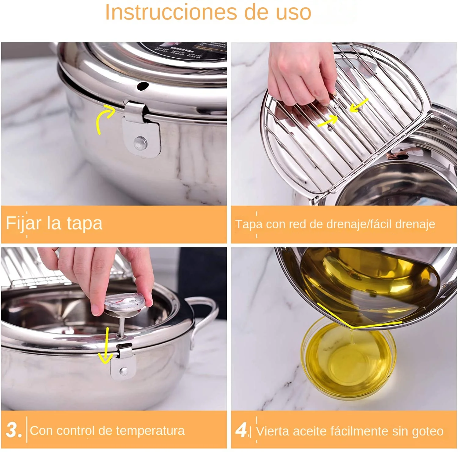 LMETJMA-Sartén japonesa con termómetro y tapa, sartenes de acero inoxidable 304 para cocina, freidora tempura de 20 y 24 cm, KC0405