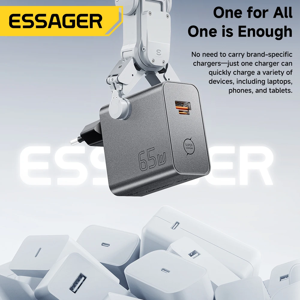 Cargador GaN ESSAGER de 65W, PD3.0, PPS, QC4.0, Totalmente Compatible con iPhone 17, 16, Samsung S26, MacBook Air, Laptop Huawei, Cargador Rápido PD