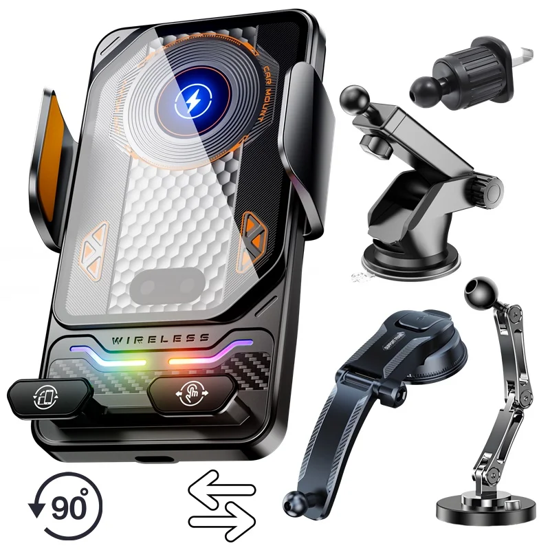 Cargador Inalámbrico Universal para Teléfono de Auto de 15W con Soporte Táctil 90 °   Soporte Giratorio para Samsung S25 S24 iPhone 17 16 15 14 13 12 11 Pro Max