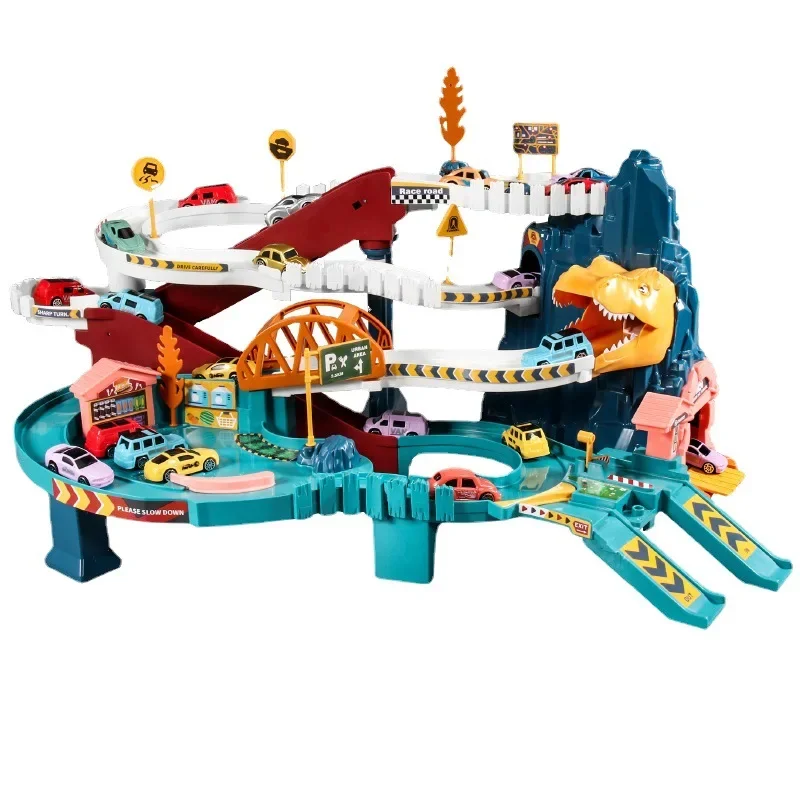 Coche ferroviario eléctrico, edificio de dinosaurios, estacionamiento, coche ferroviario de carreras de aventura, juguetes para niños, coches ferroviarios interactivos mecánicos cerebrales