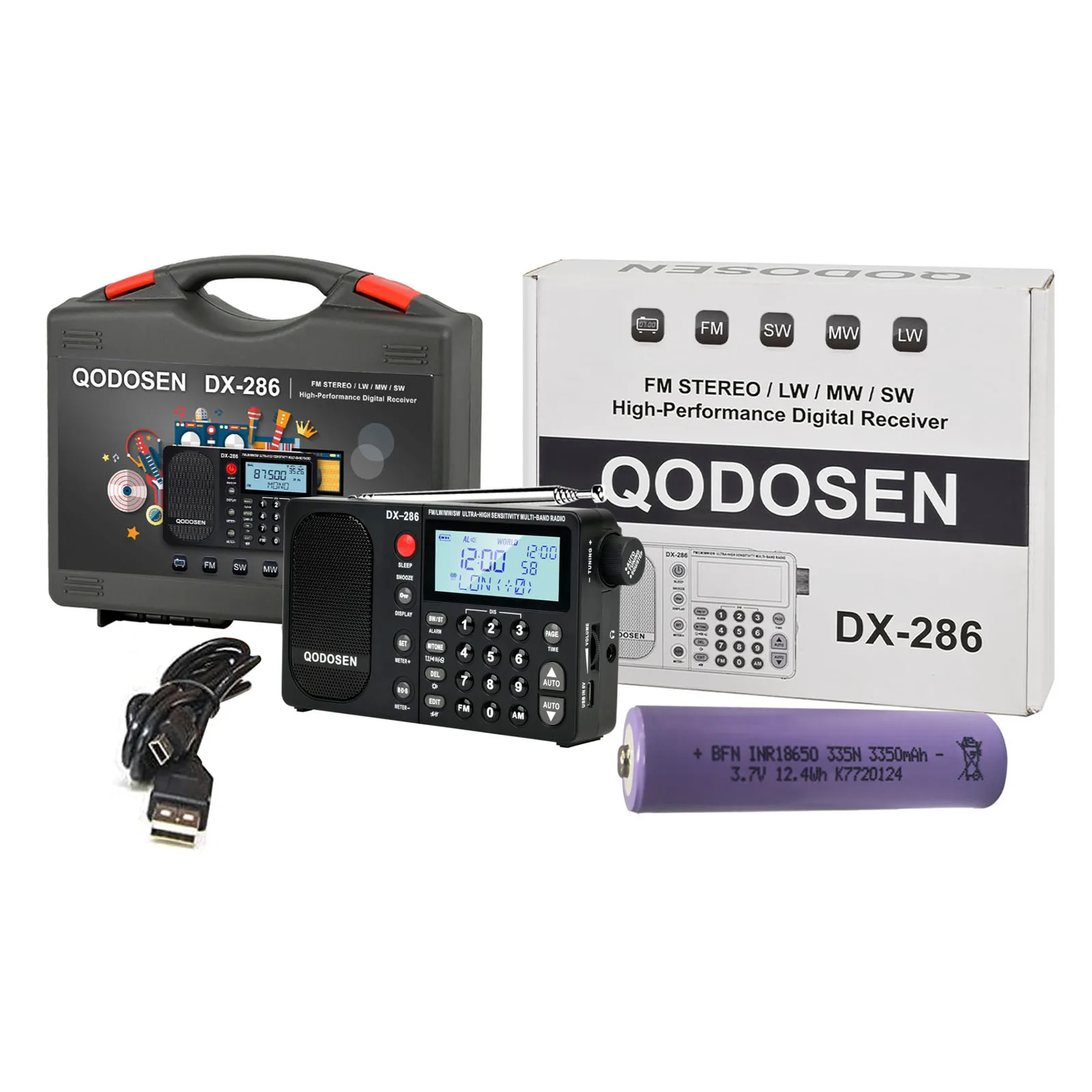 Radio portátil QODOSEN DX-286 AM/FM/LW/SW, radio digital de banda completa mundial con chip para automóvil TEF6686 (con batería)