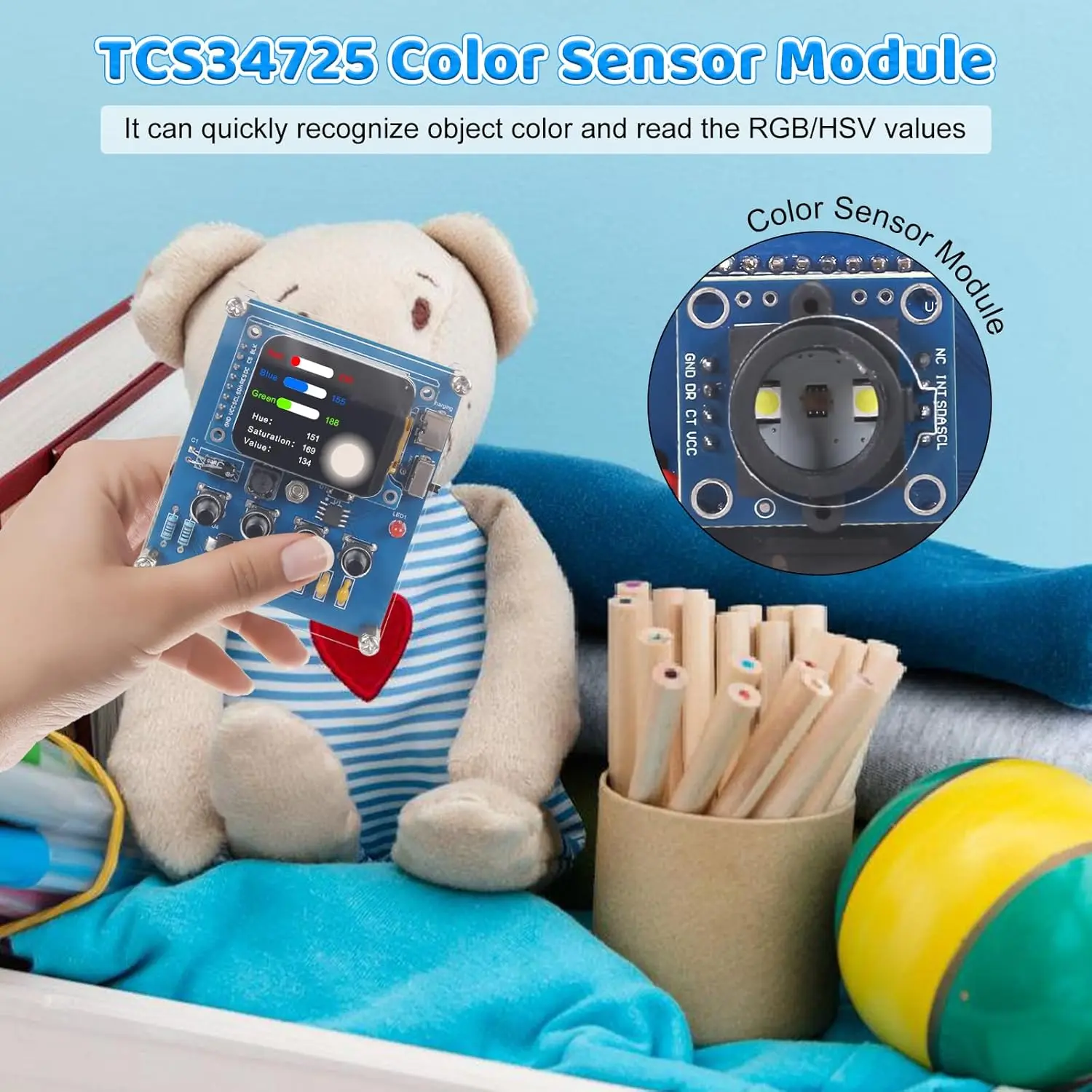 Kit de Práctica de Soldadura con Reconocimiento de Color DIY, con Sensor TCS34725, Pantalla TFT de 1.69'', Proyecto de Electrónica STEM para Aprender RGB HSV
