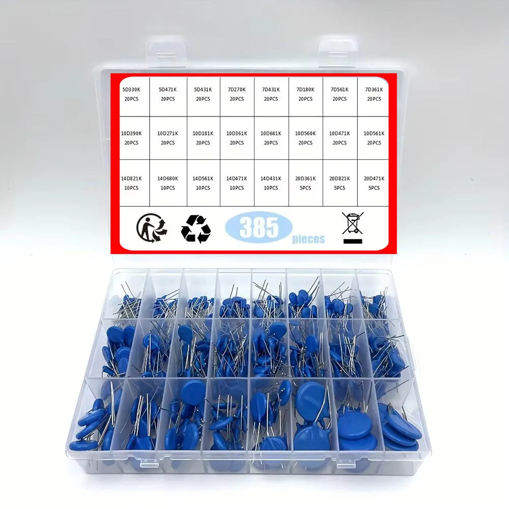Kit Surtido de Varistores y Resistores 5D330K~20D471K, 24 Valores: 5D471K, 7D431K, 7D361K, 10D390K, 10D181K, 14D821K, 14D431K, 20D (Caja)