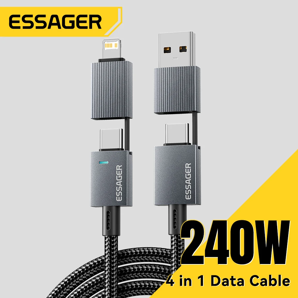 Cable de Carga Rápida Essager 240W 4 en 1 para iPhone 17 16 15 Pro Max, Macbook, iPad, Xiaomi, Samsung, Macbook, USB Tipo C a USB C