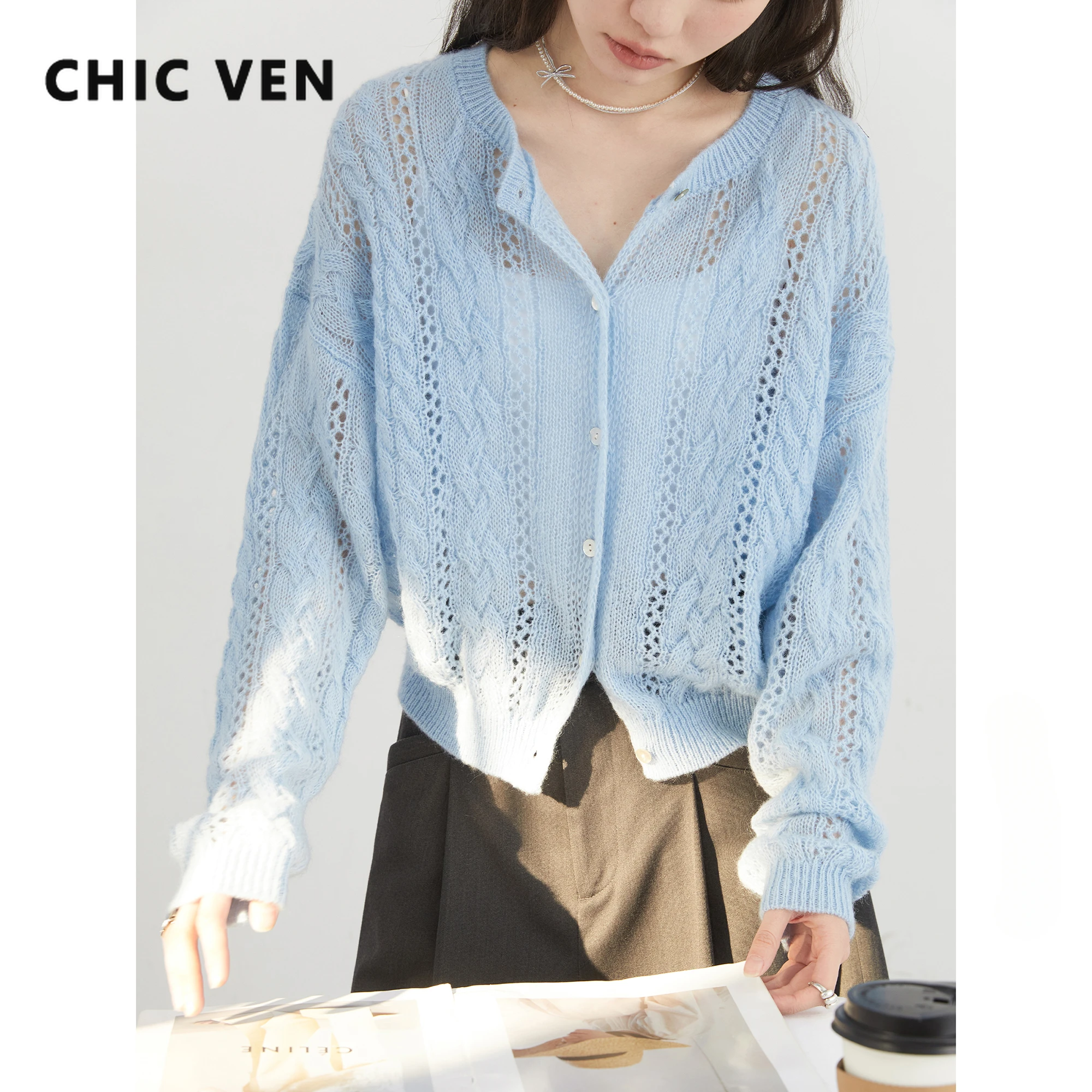 Cárdigan femenino CHIC VEN, suéteres de punto huecos de Mohair informales sueltos, jerséis cortos para mujer, Tops para primavera y verano 2025