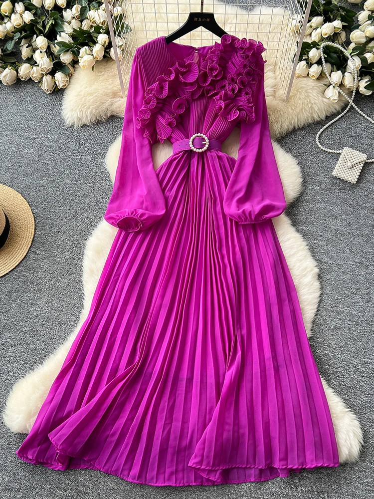 2026 primavera otoño moda elegante vestido para mujeres nuevo francés seta borde prensado suelto gasa manga larga vestido largo C141