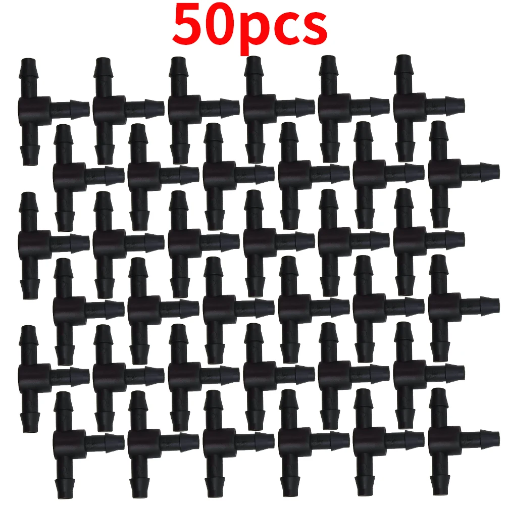 WUJIE-conector en t de 3 vías de púas de plástico, 50 piezas, para tubería de riego de 4/7mm, acoplamientos de manguera, herramientas de jardín de riego por microgoteo