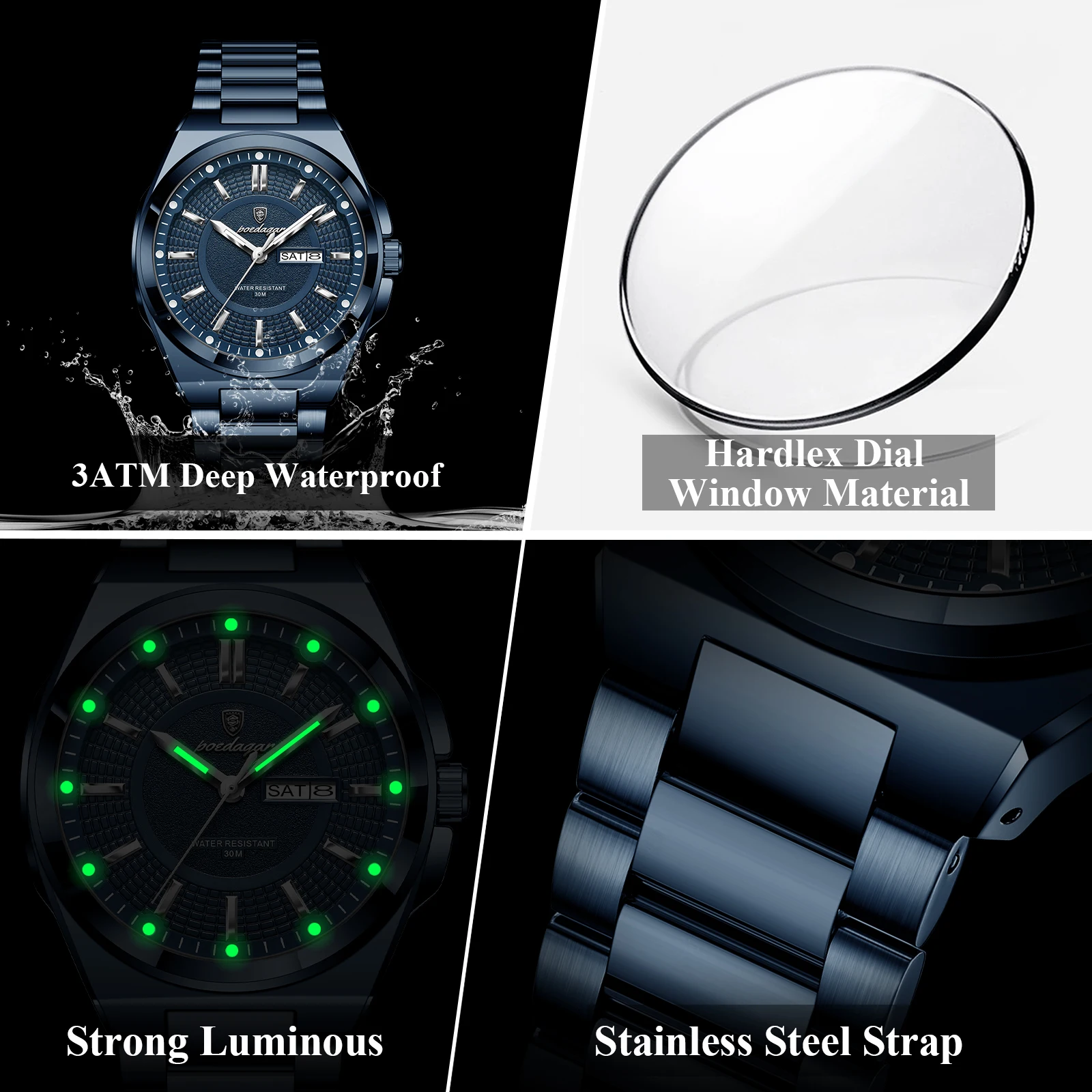 POEDAGAR, reloj de pulsera para hombre de negocios, acero inoxidable, resistente al agua, luminoso, informal, reloj para hombre, fecha, semana, relojes de cuarzo elegantes para hombre