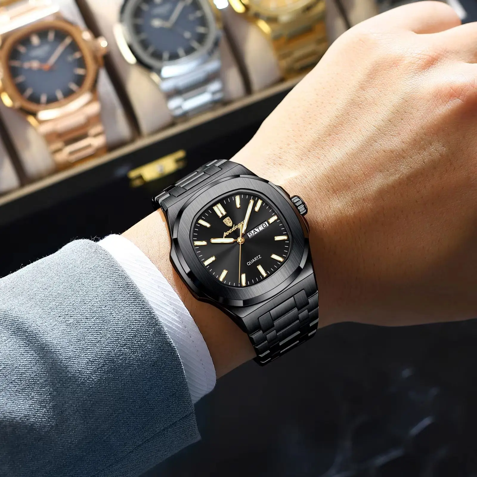 POEDAGAR, relojes cuadrados de lujo para hombre, Reloj luminoso resistente al agua con fecha y semana para hombre, Reloj de pulsera de cuarzo a la moda de acero inoxidable para hombre