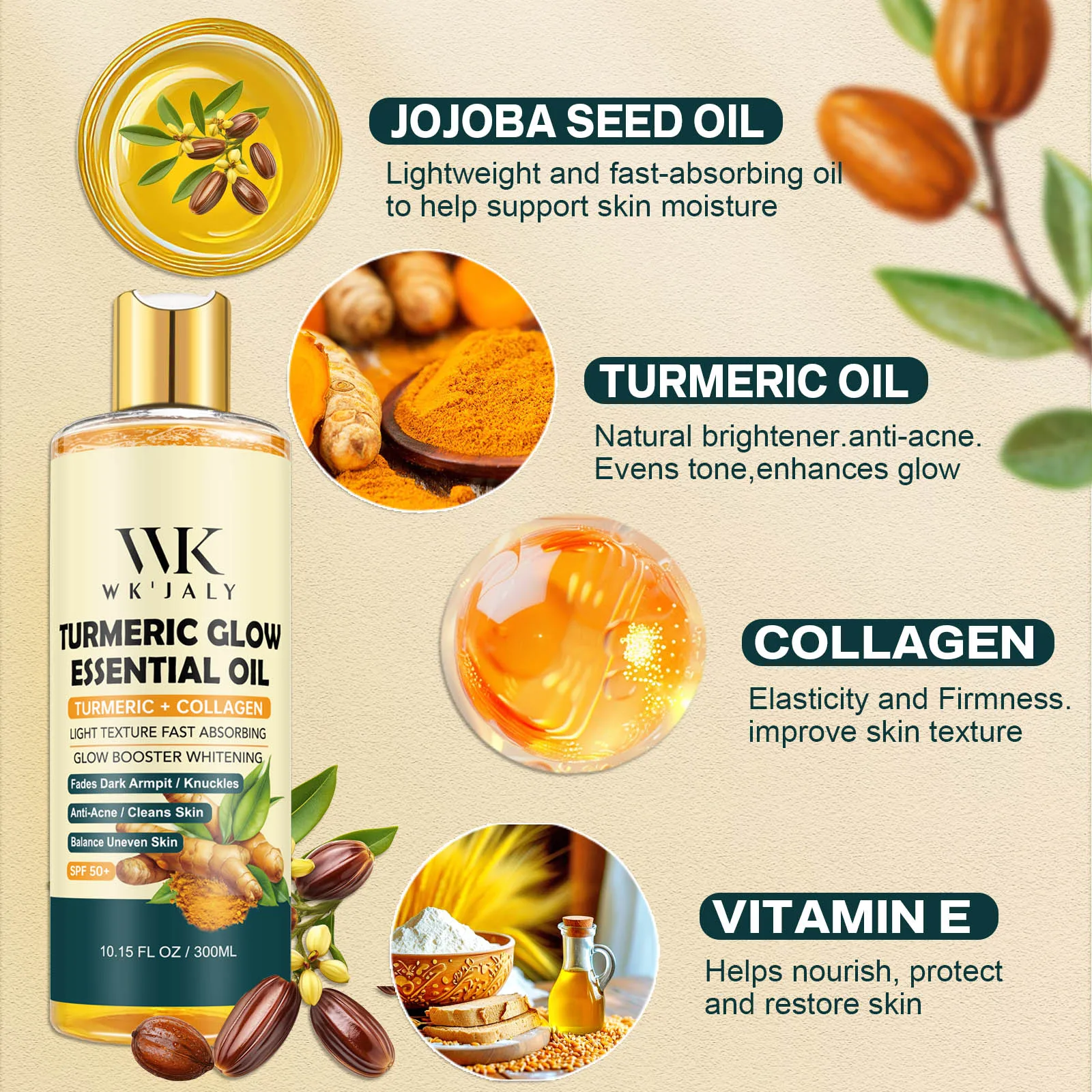 WK JALY Aceite corporal esencial con brillo de cúrcuma, hidratante, blanqueador, desvanece la axila oscura, nudillos, antiacné, equilibra la piel desigual
