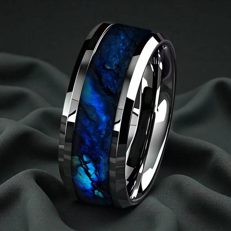 Anillo de Acero Inoxidable para Hombre SUNFLOWER 2026, Diseño de Cielo Estrellado Azul, Anillo de Boda Único, Resistente a la Decoloración, Pulido, con Doble Bisel