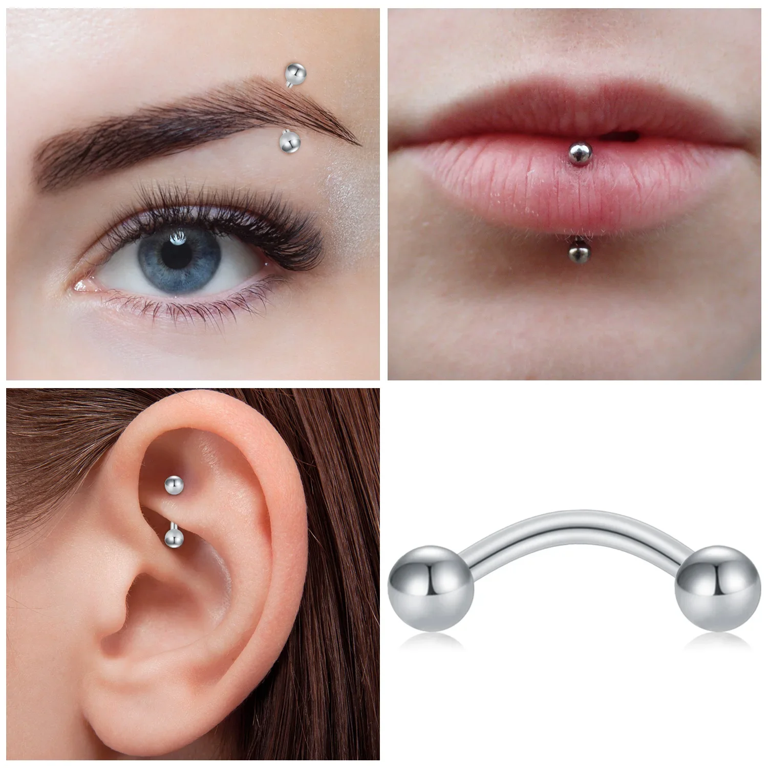 Kit de perforación corporal de 50 piezas, anillo de nariz en forma de L en forma de corazón, pendiente de oreja de cartílago de cejas de lengua de labio de nariz de acero inoxidable,