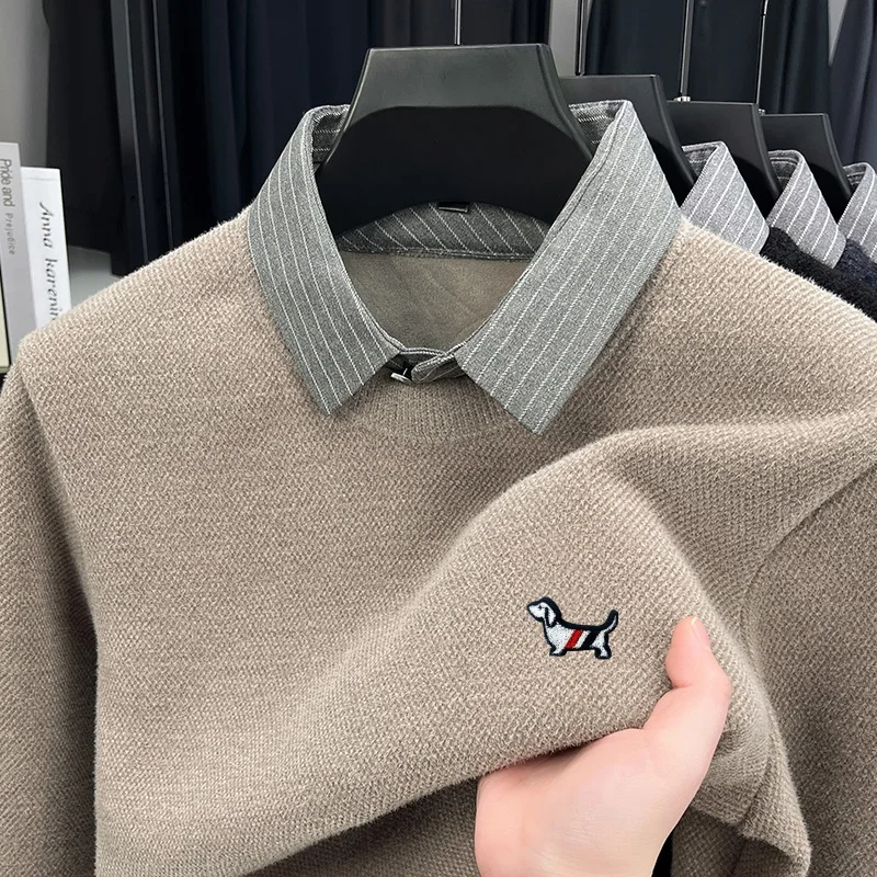 Prendas de punto de manga larga con capucha de bloqueo de Color para hombre de marca de diseñador, ropa de viaje a la moda con estampado de perro cálido y grueso para invierno