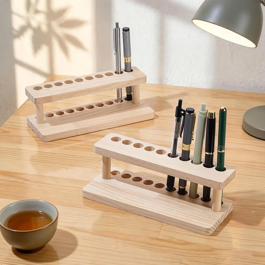 Expositor de Madera para 10 Bolígrafos, Color Marrón Coco, Organizador Vertical de Escritorio de Madera Maciza con Acabado de Madera Dura, Soporte para Bolígrafos de Tinta