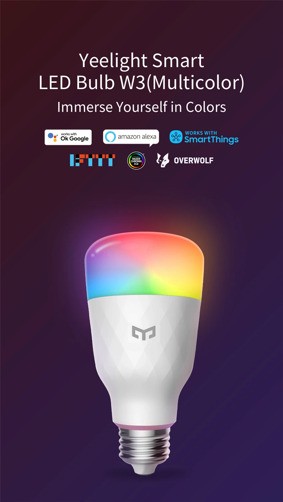 Yeelight bombilla LED inteligente W3 E26 Color/luz ambiental blanca Wifi Control de voz 1700K ~ 6500K para Mi Home Alexa Google SmartThings