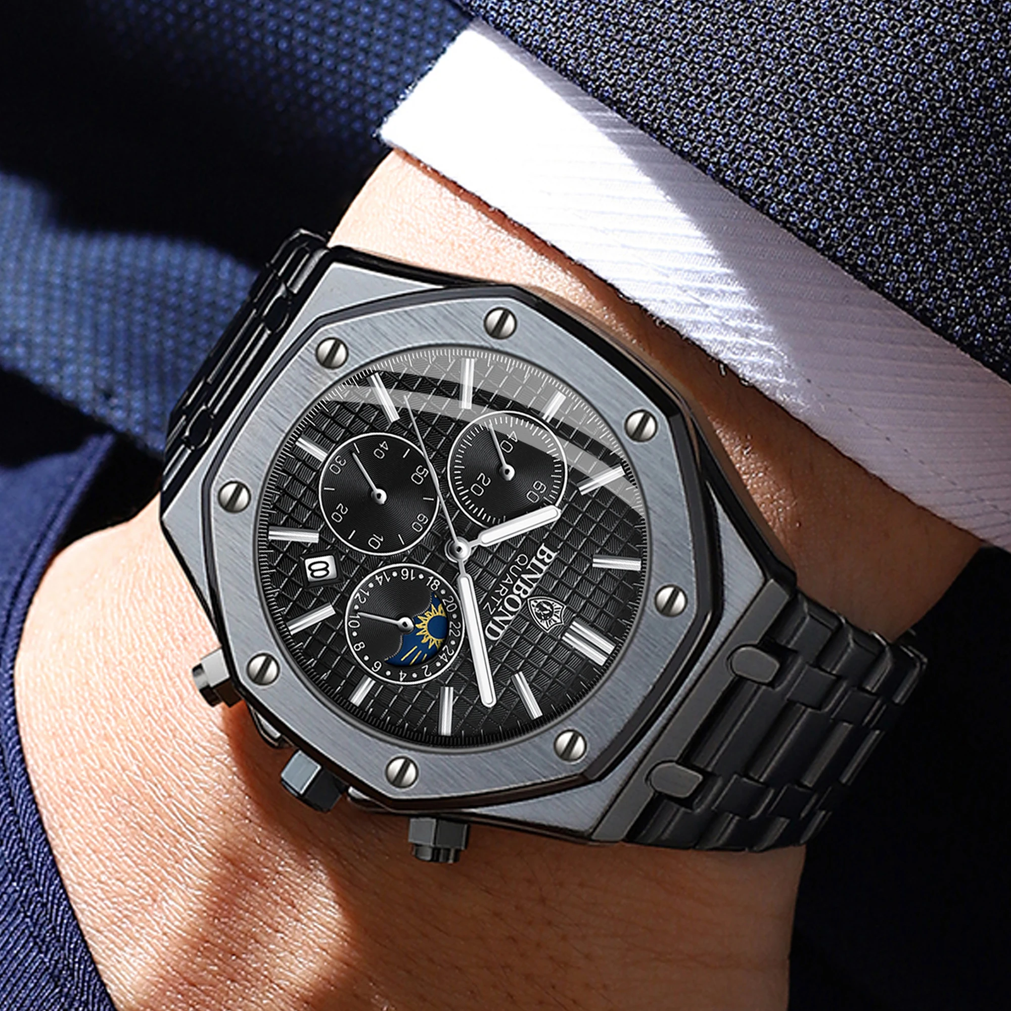 Relojes de Pulsera de Cuarzo de Lujo BINBOND, Luminosos, Resistentes al Agua, con Fecha Automática, Cronógrafo, Reloj Deportivo de Negocios para Hombre