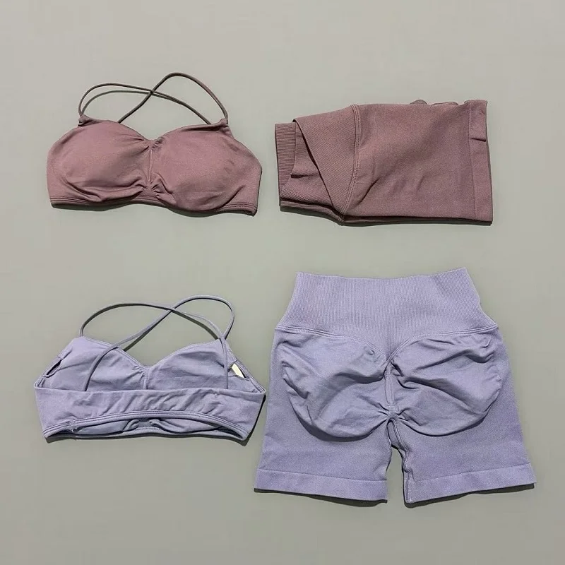 Conjunto de gimnasio de visión de 2 piezas para mujer, Top corto de Yoga, pantalones cortos sin costuras de cintura alta, sujetador de Fitness, traje deportivo, conjunto de entrenamiento