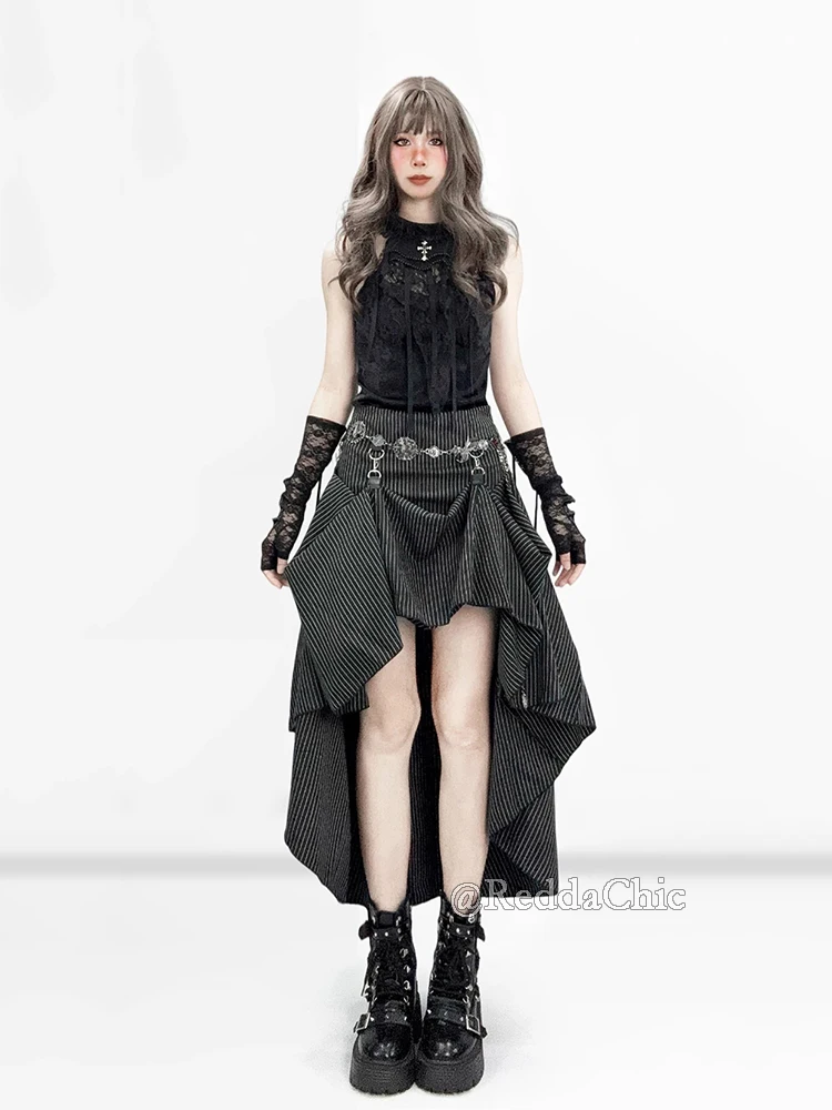 REDDACHiC Falda de Traje a Rayas Negras Estilo Grunge Retro, Falda Maxi de Cola de Pez de 3 Vías con Corte Alto-Bajo y Cola Larga, Ropa Gótica Alternativa para Mujer