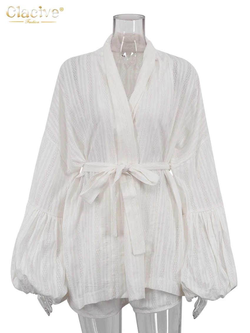 Clacive-Conjuntos holgados de algodón blanco para mujer, batas elegantes con mangas abullonadas y pantalones cortos de cintura alta, 2 piezas, 2025