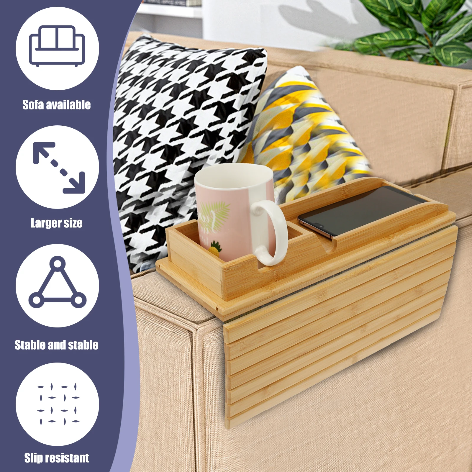 Portavasos para sofá, bandeja de reposabrazos de madera de bambú, portavasos plegable para sofá, portavasos antideslizante para brazo, bandeja de almacenamiento lateral para sofá