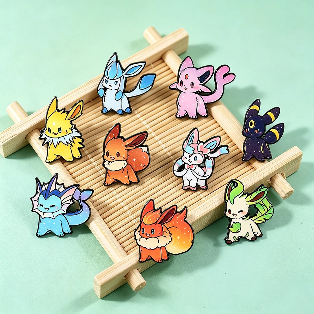 Set de 9 Broches Esmaltados de Anime Pokémon Eevee, Monstruos Élficos, Animales de Moda, Broches de Solapa para Mujer, Joyería de Regalo Festivo