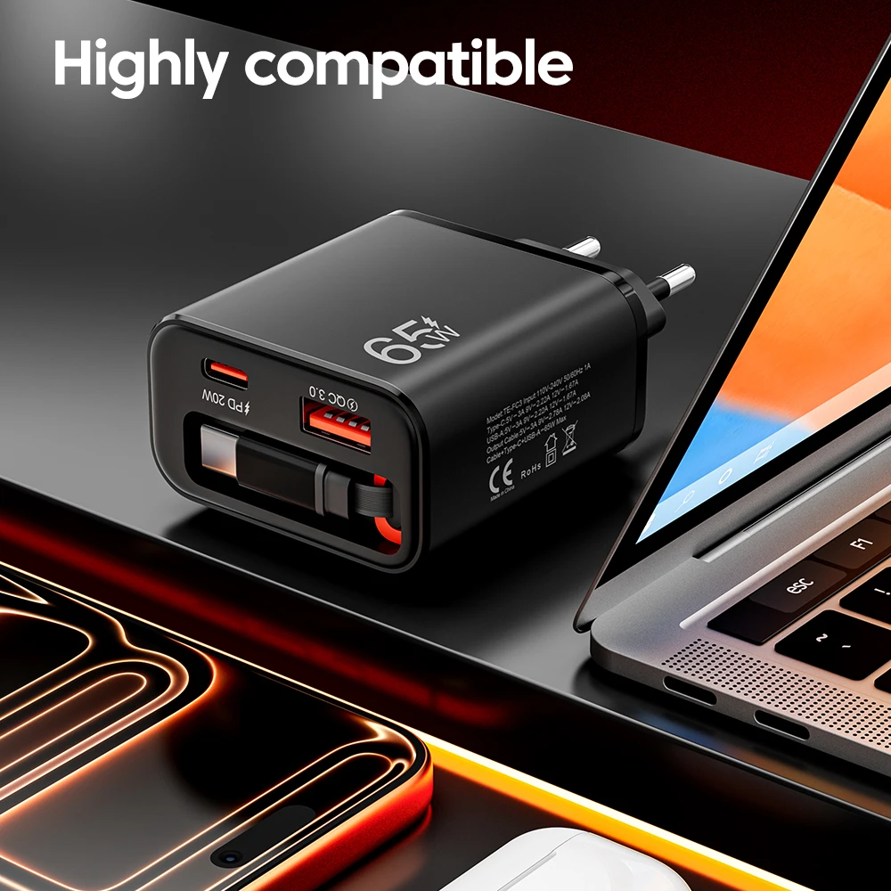 Cargador Rápido USB C de 65W con Cable Retráctil Tipo C, Adaptador de Pared con Enchufe EU/US/UK para iPhone, Samsung, Xiaomi, Huawei, Carga PD