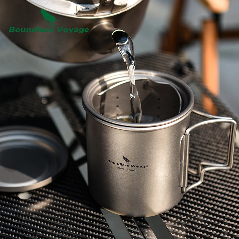 Taza de titanio Boundless Voyage con colador de té, taza de té de 420ml/14,2 Fl.oz con mango plegable, tetera para acampar al aire libre Ti3054D
