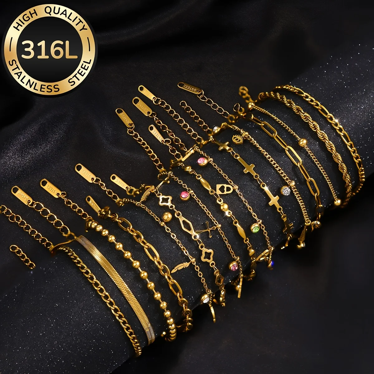 Conjunto aleatorio de 8 pulseras de acero inoxidable chapadas en oro de 18 quilates para mujer, elegantes y lujosas, con un diseño único y con estilo, adecuadas para todas las estaciones.