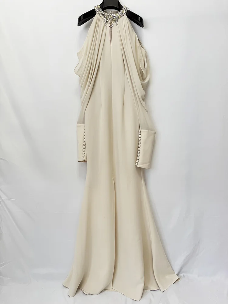 Vestido Largo de Fiesta para Mujer, Diseño 2026, Cuello Alto, Adornado con Cuentas y Diamantes, Chifón, Hombros Descubiertos, Mangas Largas, Alta Calidad