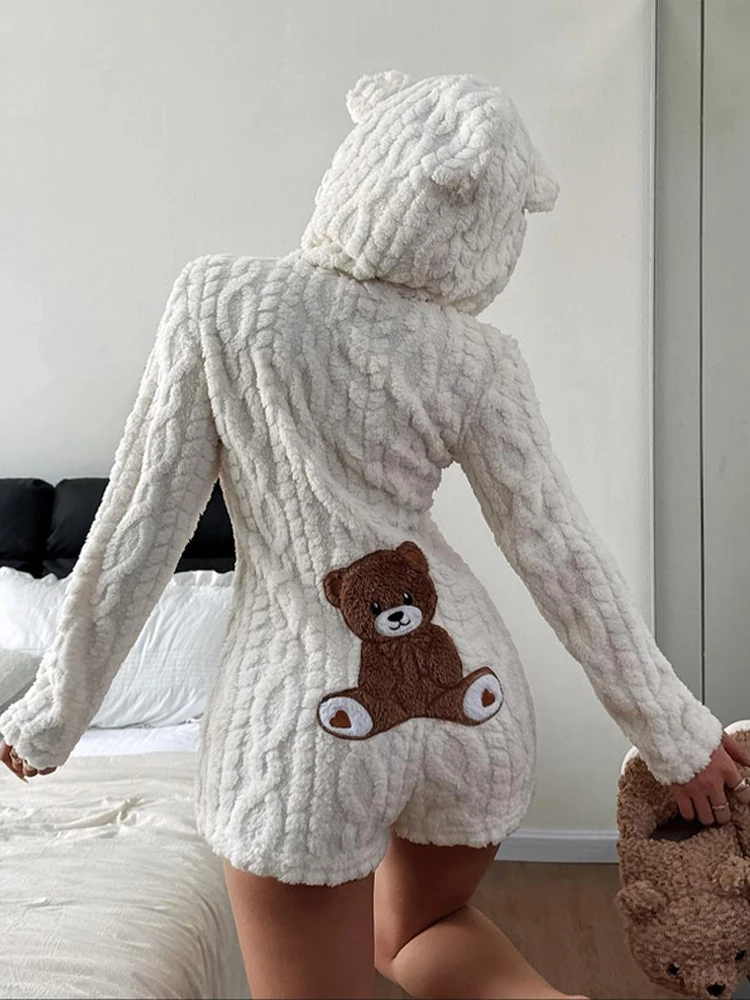 Pantalones Cortos de Felpa con Capucha y Estampado de Oso de Dibujos Animados para Mujer, Novedad de Otoño-Invierno, Atuendo Cálido y Cómodo sin Esfuerzo