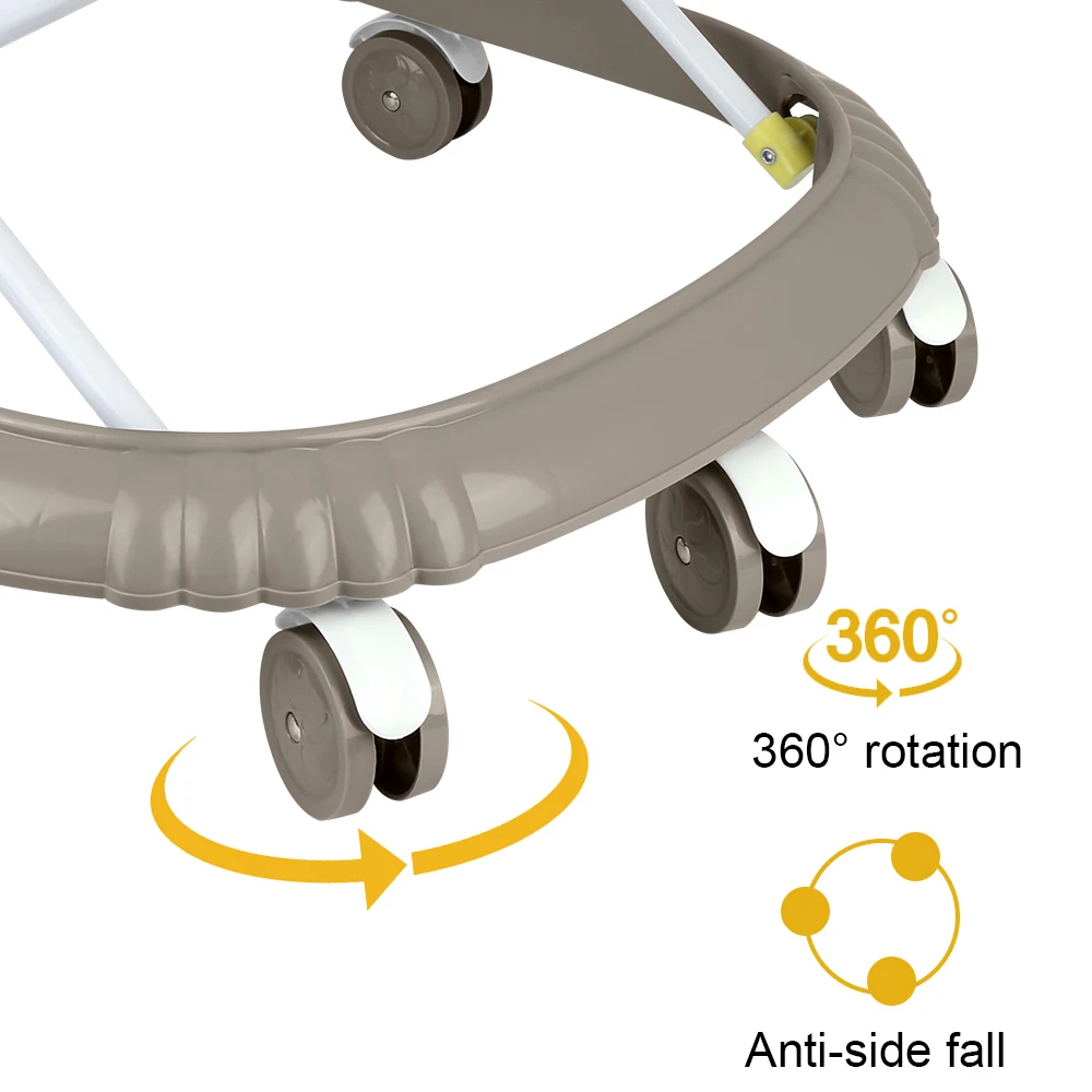 Andador Plegable para Bebés, con Centro de Actividades, Altura Ajustable, Cojín de Asiento Extraíble, a partir de 6 Meses, Gris/Caqui/Negro