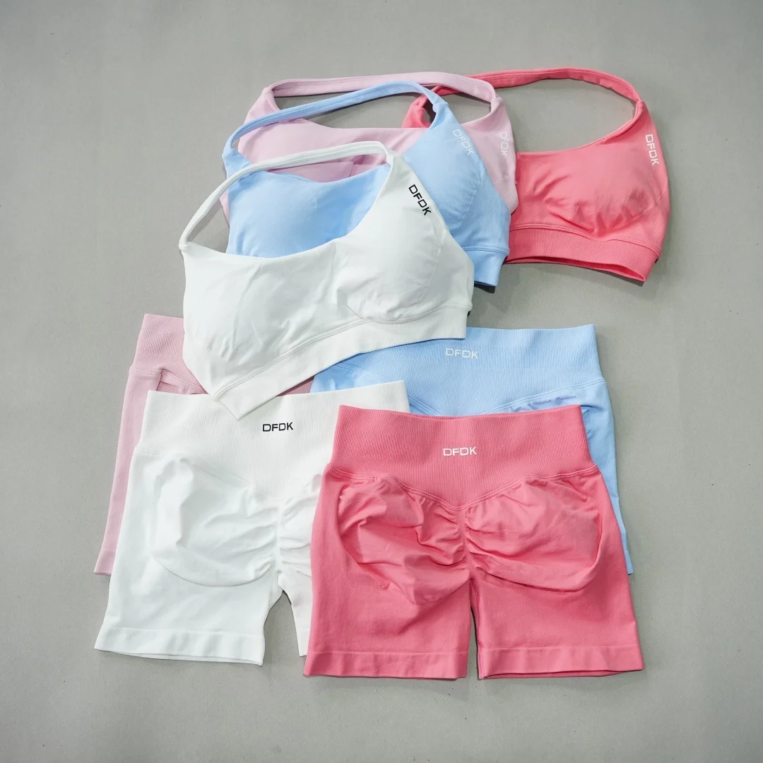 DFDK Conjunto deportivo de 2 piezas para mujer, sujetador deportivo con cordones, pantalones cortos sin costuras, leggings, yoga, gimnasio, fitness, correr, chándal
