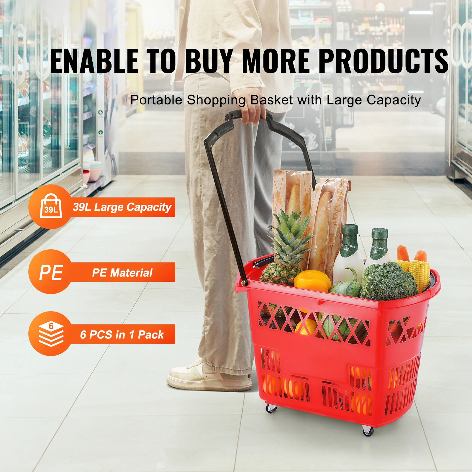 SucceBuy 6 cestas de compras con ruedas de 39L con asas y ruedas portátiles para supermercados, tiendas minoristas, comestibles