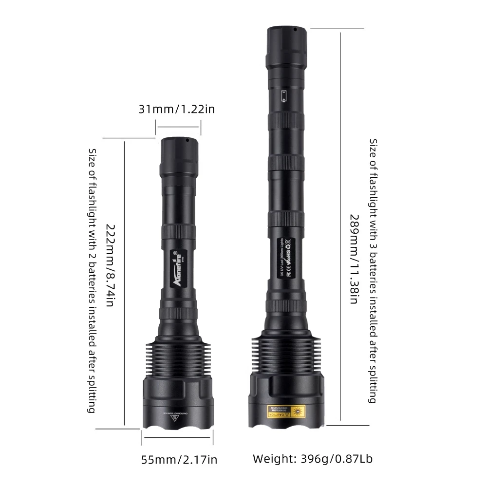 Linterna UV de 60W con 3x365nm LED, Luz Negra Potente de 395nm, Marcador Invisible Ultravioleta de Alta Potencia, Luz de Inspección para Gatos y Perros