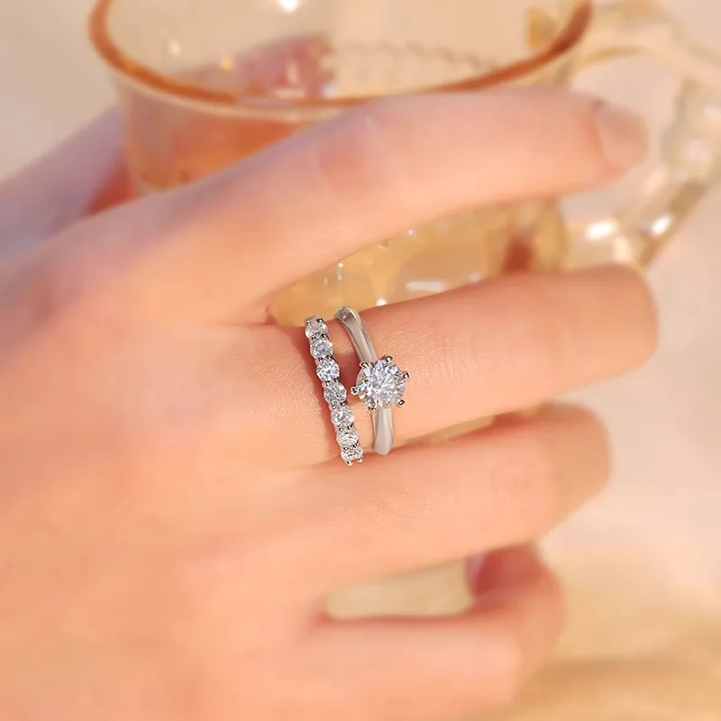 Anillos de boda de moissanita de corte brillante redondo de 1,0mm-3,5mm, banda de media eternidad, anillo de boda de diamante de laboratorio de plata 925 con certificado