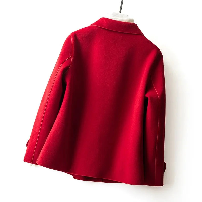 Abrigo de lana de doble cara de alta calidad para mujer, novedad 2026, corto, con cuello de muñeca, estilo elegante, para madre, color rojo.