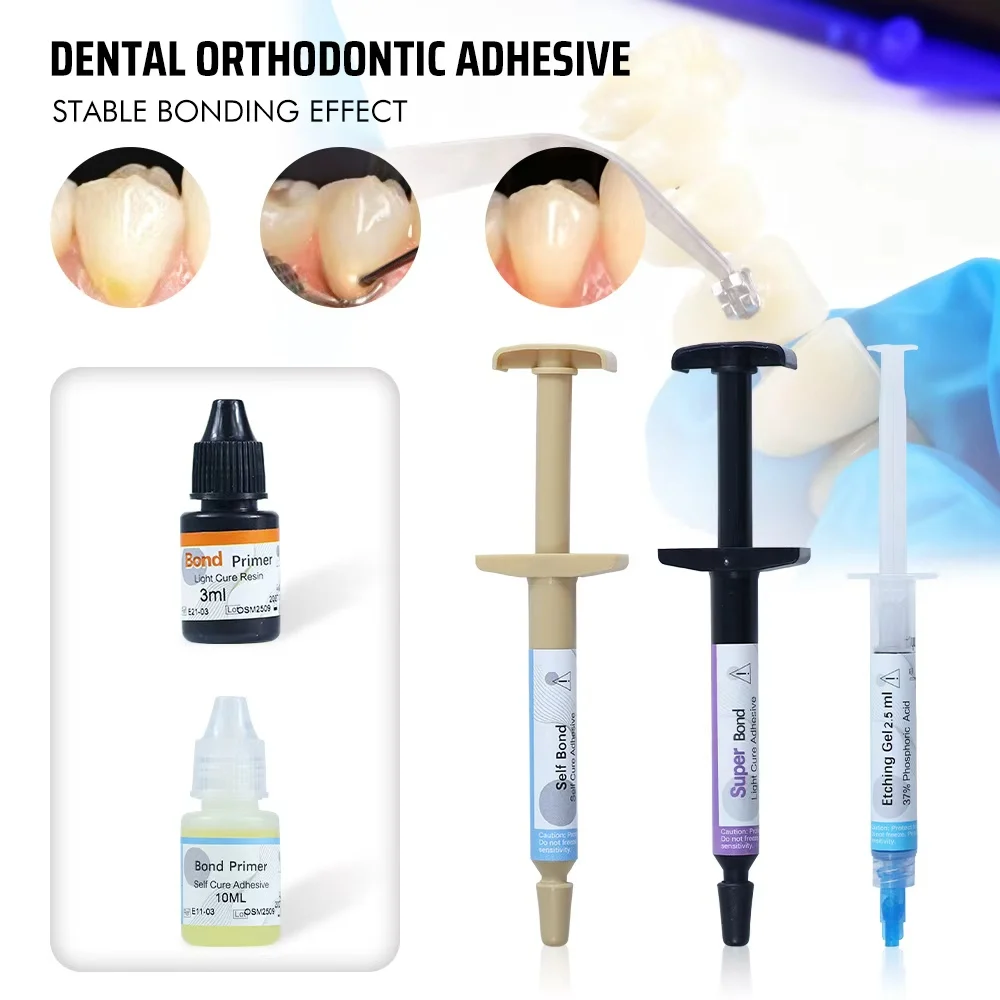 Kit de Adhesivo Dental de Ortodoncia Fotopolimerizable y Autopolimerizable, Gel Ácido Grabante, Primer Fotopolimerizable, Material para Adhesión de Brackets y Aparatos Ortodónticos