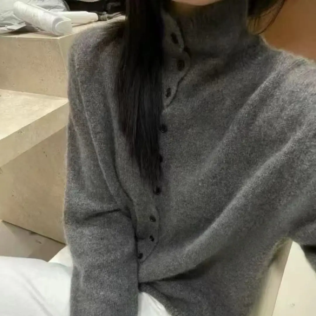 WinvyNee, ropa para mujer, suéteres de lana 100%, cuello alto, manga larga, jerséis con botones sólidos, prendas de punto suaves, Tops de otoño A1683006
