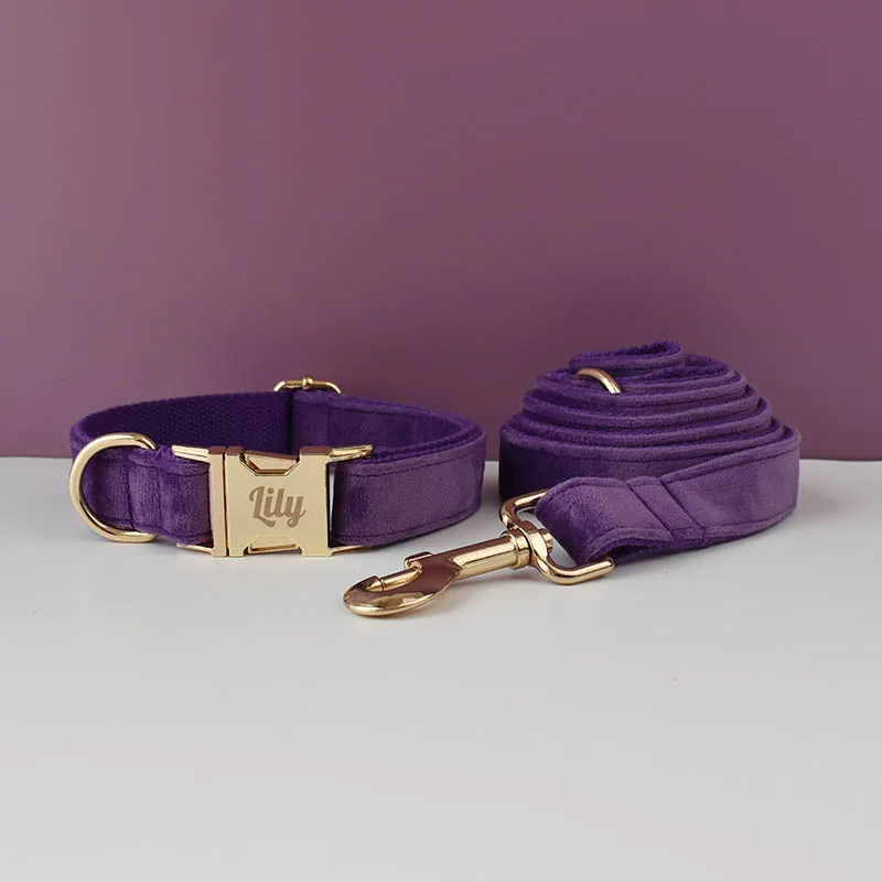 Conjunto de collar y correa de terciopelo morado para perros pequeños, medianos y grandes, placa con nombre grabada personalizada, suministros para mascotas, correa de terciopelo para perros 16