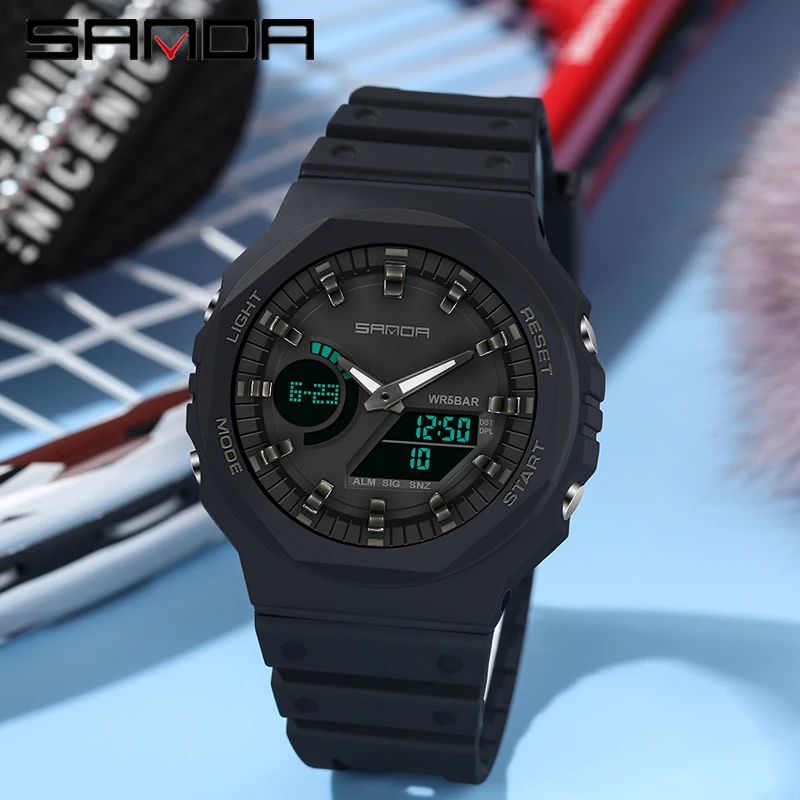 SANDA-reloj deportivo militar para hombre, cronógrafo de cuarzo, resistente al agua, con pantalla Dual LED, Digital