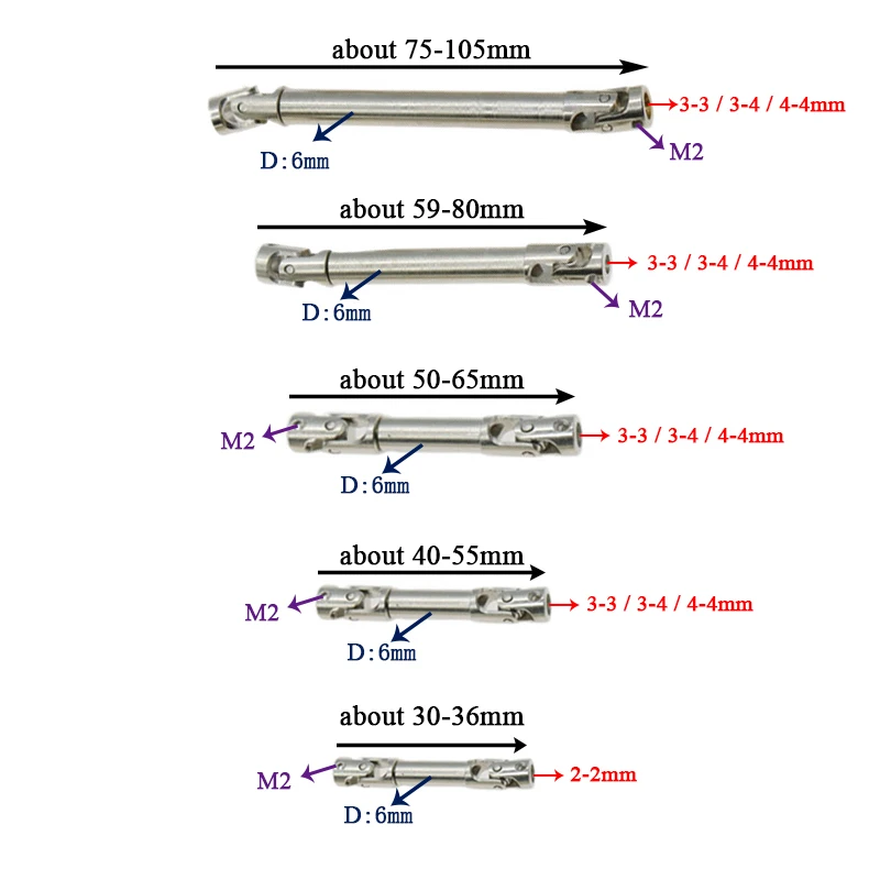 1 Uds 2mm 3mm 4mm 5mm M2 M4 eje de transmisión de Metal CVD eje de transmisión para 1/8 1/10 1/12 1/16 RC coche Axial SCX10 TRAXXAS TRX4 D90