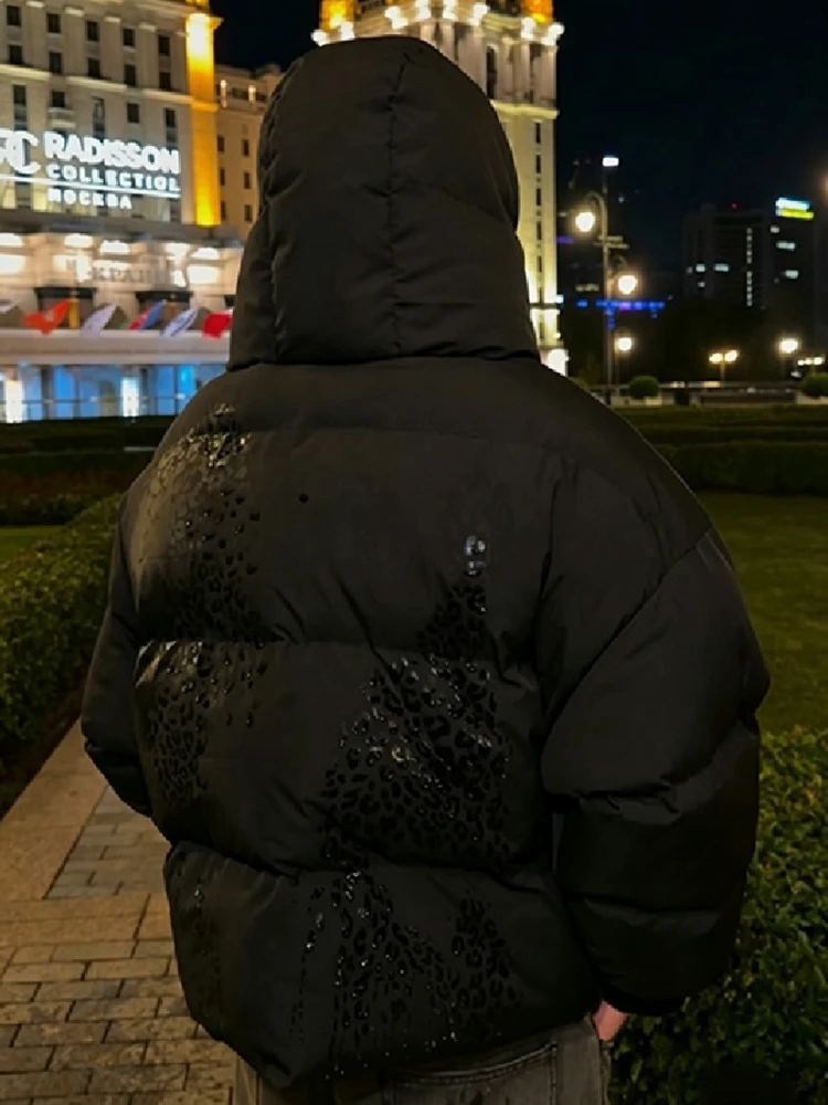 Chaqueta acolchada con capucha y estampado de leopardo para mujer, cuello alto, cierre de cremallera y botones a presión, corte corto, holgada, cálida para invierno, ropa casual para damas.